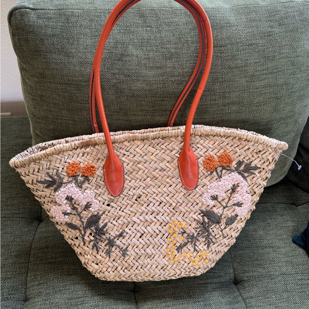 Zara Straw Tote with Red Handles and Floral Embroidery